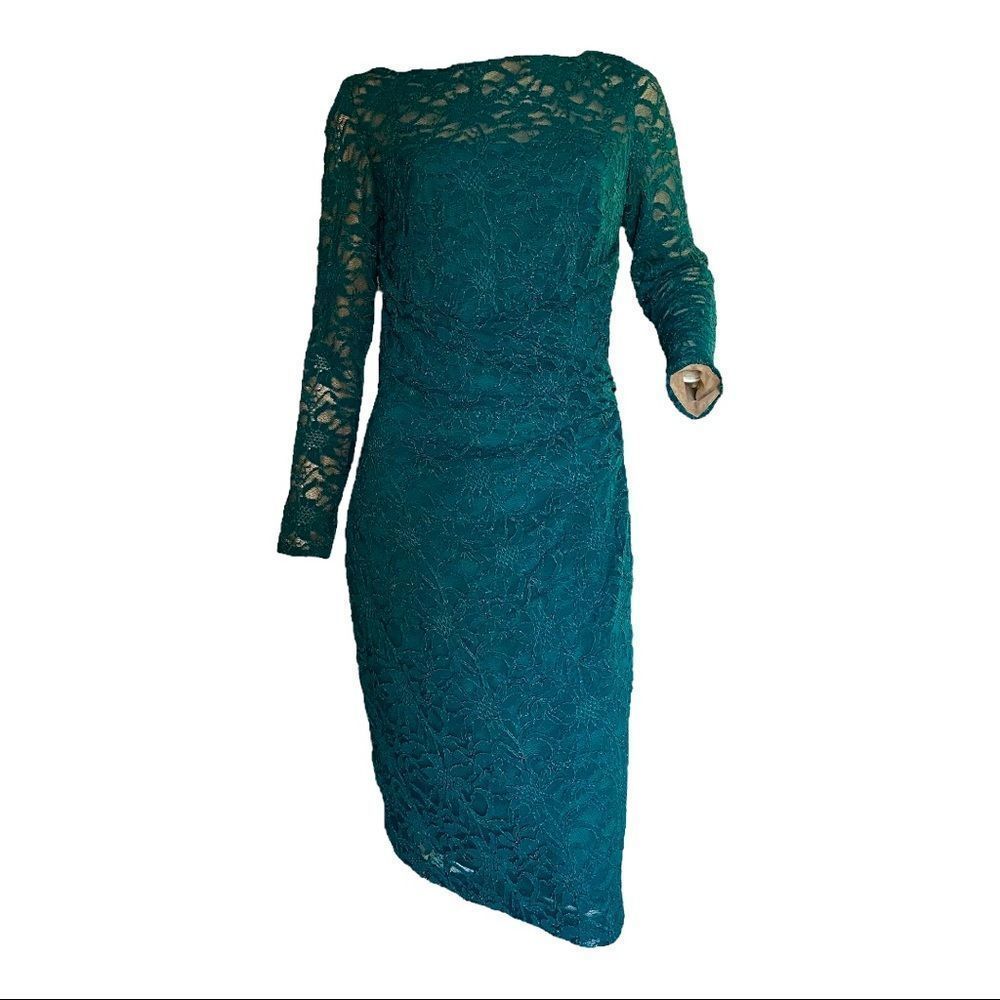 Elegant Teal Lace Long-Sleeve Sheath Dress